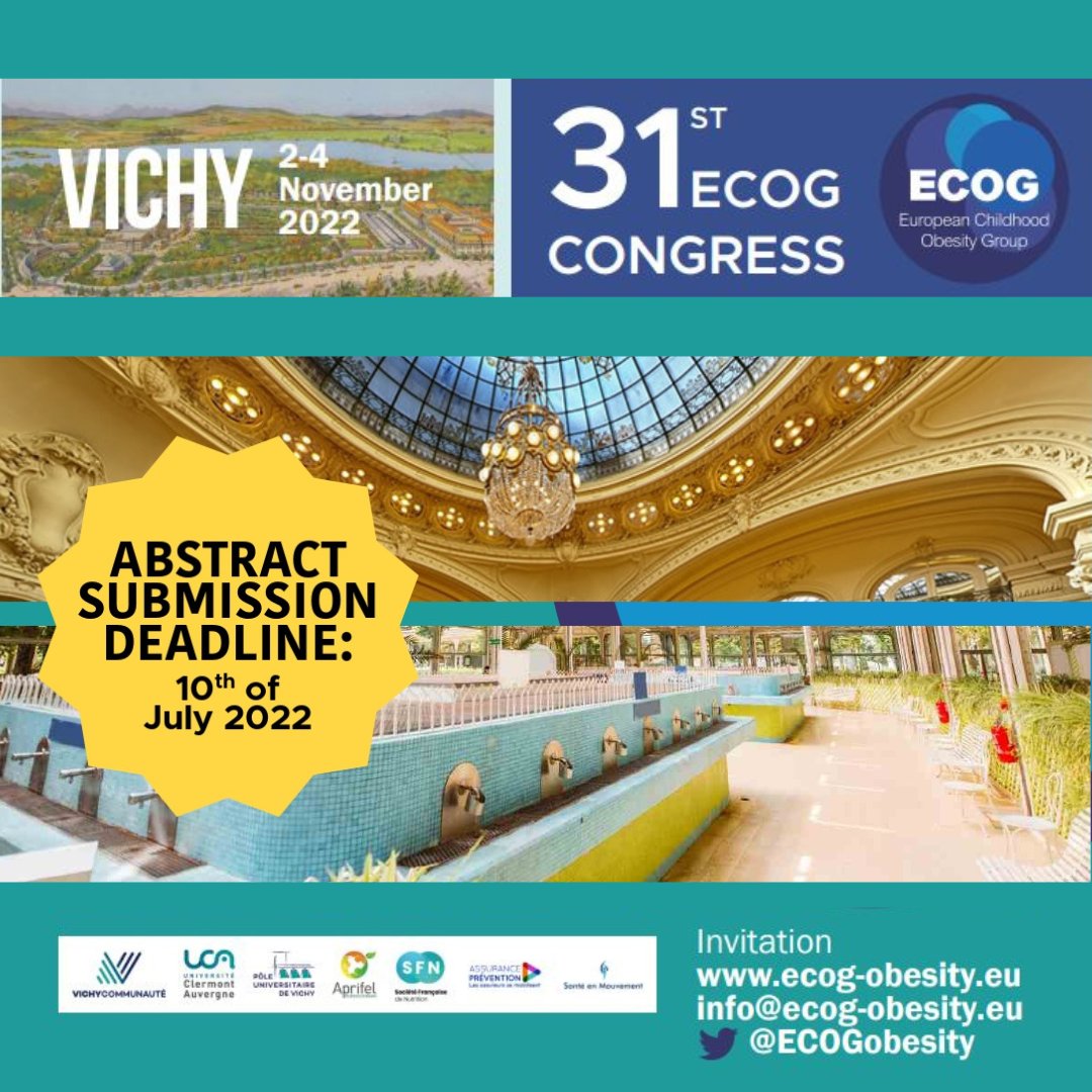 ceidss's tweet photo. The 31st European Childhood Obesity Group (ECOG 2022) @ECOGobesity #congress will take place from the 2nd to the 4th of November in Vichy. This year’s congress aims to bring together childhood obesity experts and young scientists from across Europe.
#childhood #obesity #ECOG22 https://t.co/Mv8dteLLDf