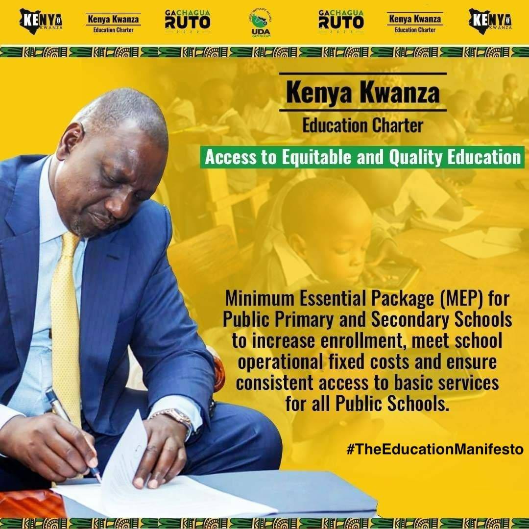 Top 3 ways Ruto plans to fix our education system

1. Truly free, quality education from ECDE to Secondary 

2. End teachers shortage by employing 58,000 teachers a year.

2. Introduce Minimum Essential Package to avail basic services in all schools
#TheEducationManifesto