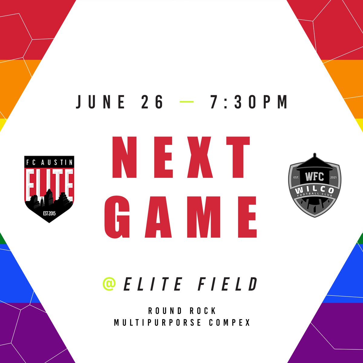 FC Austin Elite (@fcaustinelite) on Twitter photo 🚨HOME GAME WEEK 🚨
We're excited to celebrate our LGBTQ+ community with our #Pride Night! We'll also donate 20% of our merch sales to <a href="/EqualityTexas/">Equality Texas</a>
🏟️ Elite Field
🆚 <a href="/WilCoWFC/">Wilco FC</a>
📅 Sun June 26
⏰ Kickoff 7:35p
Gates Open 6:30p
📍 <a href="/RoundRockMPC/">Round Rock MPC</a>
🎟️ app.gopassage.com/events/ROCK2?r… 🚨HOME GAME WEEK 🚨
We're excited to celebrate our LGBTQ+ community with our #Pride Night! We'll also donate 20% of our merch sales to <a href="/EqualityTexas/">Equality Texas</a>
🏟️ Elite Field
🆚 <a href="/WilCoWFC/">Wilco FC</a>
📅 Sun June 26
⏰ Kickoff 7:35p
Gates Open 6:30p
📍 <a href="/RoundRockMPC/">Round Rock MPC</a>
🎟️ app.gopassage.com/events/ROCK2?r…