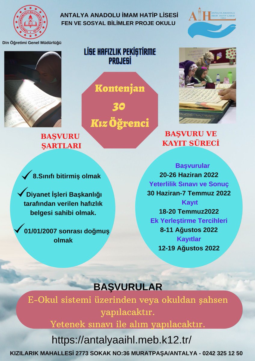 📣Antalya Anadolu İmam Hatip Lisesine 2022-2023 Eğitim Öğretim yılı İçin  9. Sınıfa Yetenek Sınavı ile Hafızlık Belgesi olan 30 Kız  Öğrenci alınacaktır. Ayrıntılar 👇
<a href="/tcmeb/">Millî Eğitim Bakanlığı</a> <a href="/AntalyaValilik/">T.C. Antalya Valiliği</a> <a href="/emre_caliskan/">Emre Çalışkan</a>