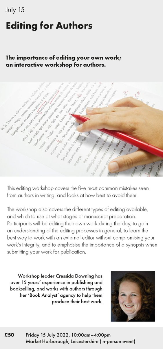 BookAnalyst's tweet image. Come to my workshop on how to edit your work Friday 15th July 2022.  In person, interactive, hands-on feedback and help.
#editing #authors #workshop #selfpublishing #publishing #marketharborough
Book here eventbrite.co.uk/e/editing-for-…
@matadorbooks