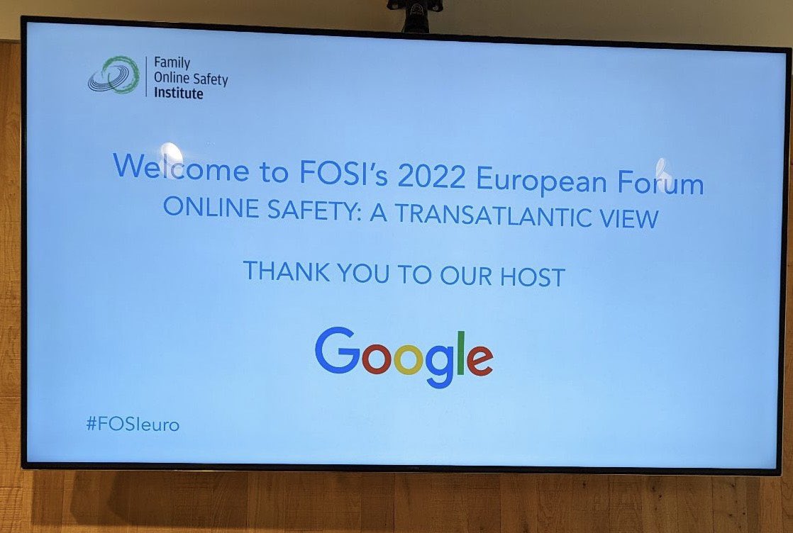 Excited to be back in London at the #FOSIeuro forum on #OnlineSafety hosted @Google. A great opportunity for all of us to discuss the challenges and opportunities on age assurance, online safety regulation and what the future can hold for kids online.