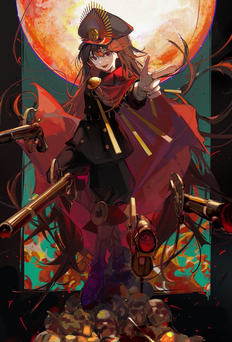 oda nobunaga (fate) ,oda nobunaga (koha-ace) 1girl long hair weapon gun hat red eyes solo  illustration images