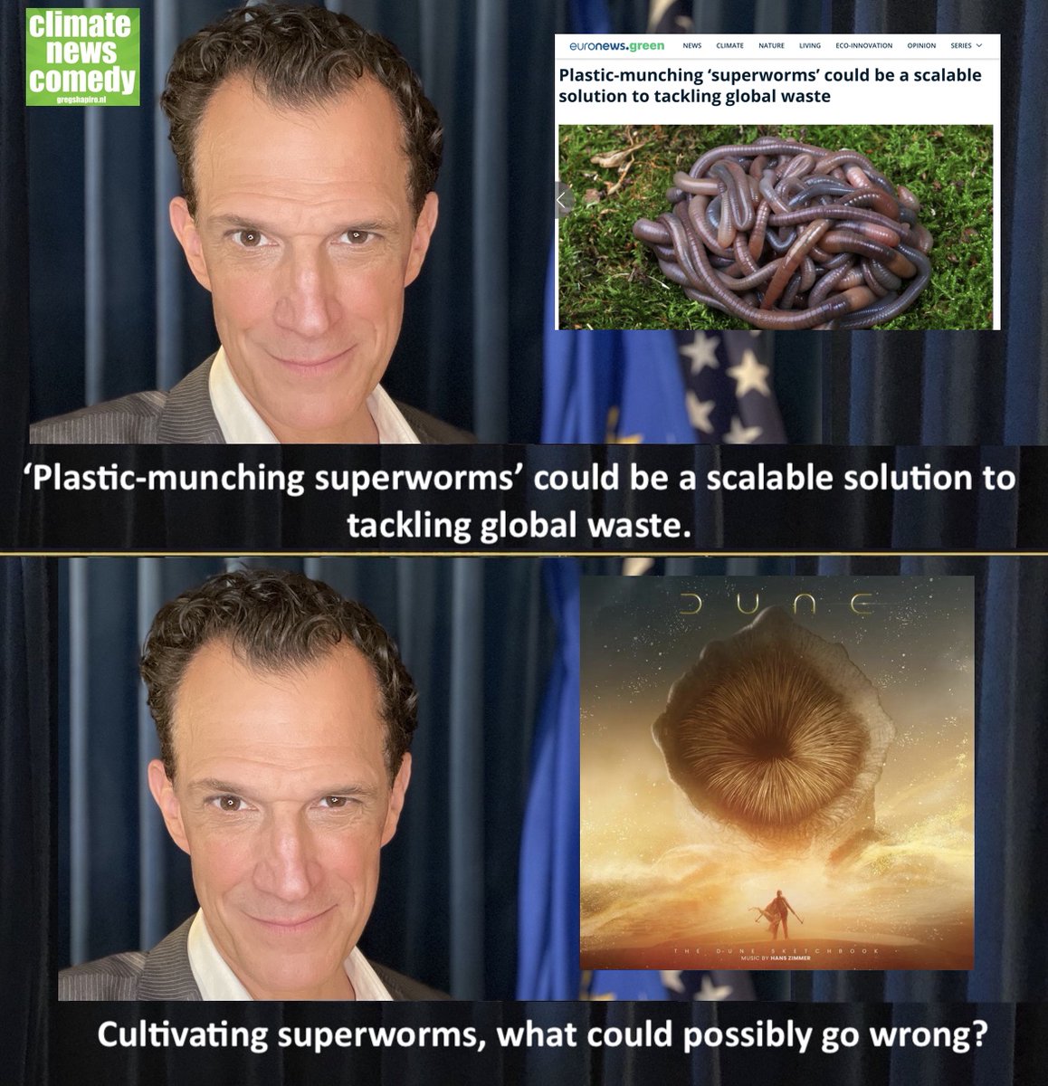 'Plastic-Munching Superworms' could be a #scalablesolution to #globalwaste. 
Cultivating #superworms - #whatcouldpossiblygowrong ? 
#ClimateNews Comedy. Courtesy of @euronewsgreen. 
#climate #climatepositive #plasticpollution #sustainable #wastemanagement #CleanUp