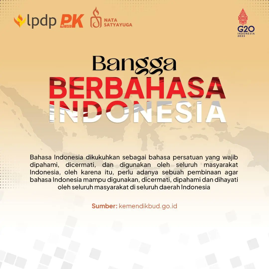 pk187lpdp's tweet photo. hingga Merauke, tentu kita gunakan bahasa persatuan, Bahasa Indonesia.
Lalu, mengapa kita harus bangga berbahasa? Simak postingan ini yuk bersama si Hamsa!

#LPDP #PK187 #NataSatyayuga #DiriUntukNegeri #SDMUnggulIndonesiaMaju #IndonesiaTangguhIndonesiaTumbuh #AkuPastiMengabdi https://t.co/OGyJ9aEfiX