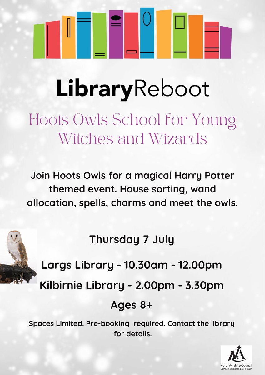NACLibraries's tweet photo. Come along and join Hoots Owls for some magical fun at Largs and Kilbirnie Libraries. Spaces are limited so pre-booking is required. Contact the library to book. https://t.co/QHULJbJZKR