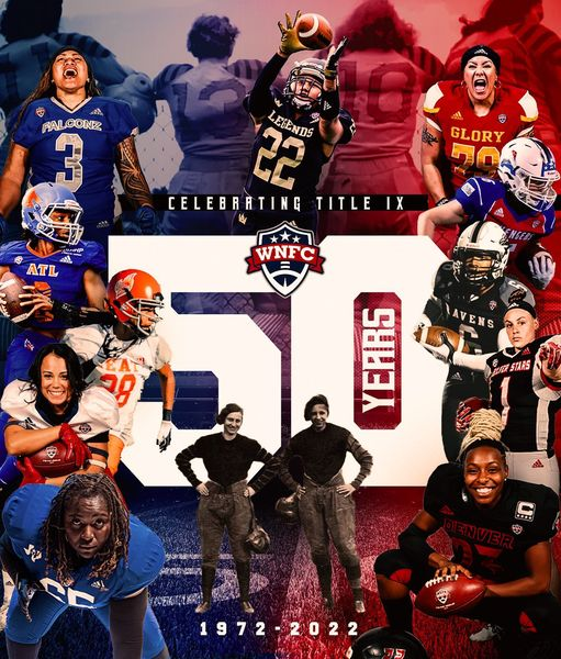 PNFL's tweet photo. Today marks 50 years of the passing of Title IX!

In celebration of the huge leaps made with the amount of participation and visibility of female athletes in all sports, we would like to tip our hat to the @wnfcfootball  who are gearing up for its Championship Weekend in Frisco. https://t.co/Q5vlxm2ixm