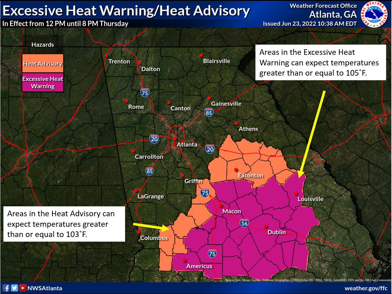 Nws Atlanta An Excessive Heat Warning And A Heat Advisory Have Been Issued For Portions Of Central Georgia This Afternoon Make Sure To Limit Outdoor Activities Drink Plenty Of Water