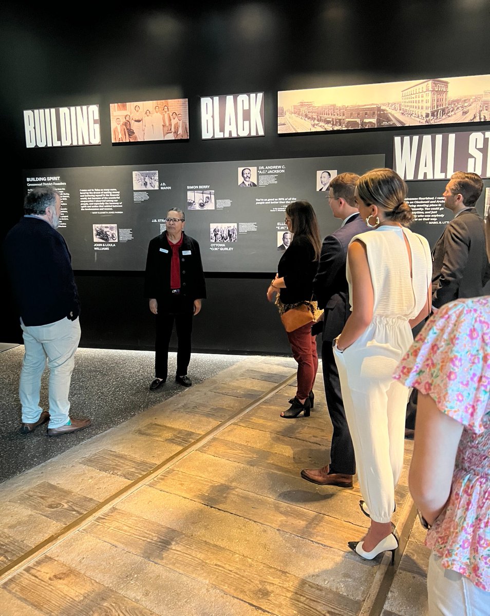 OklahomaHoF's tweet photo. Our Second Century Board recently had the opportunity to listen to #OHOFmember Hannibal B. Johnson's wise words, tour @GreenwoodRising & hear inspirational stories from #OHOFmember Jim Stovall. Thank you to @Flintco for opening your incredible space to us in Tulsa! https://t.co/Zrn1W46xta