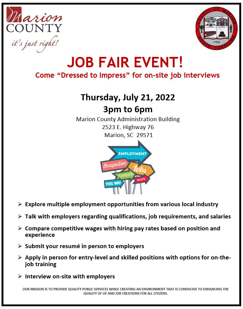 MCEcDev's tweet photo. Marion County will be hosting a job fair! We are hoping for a great turn out from local industry and from those actively seeking employment! If you or someone you know are in need of a job, please don't miss this event!  If there are any questions , just call 843-423-8235. https://t.co/koY5zahNz1