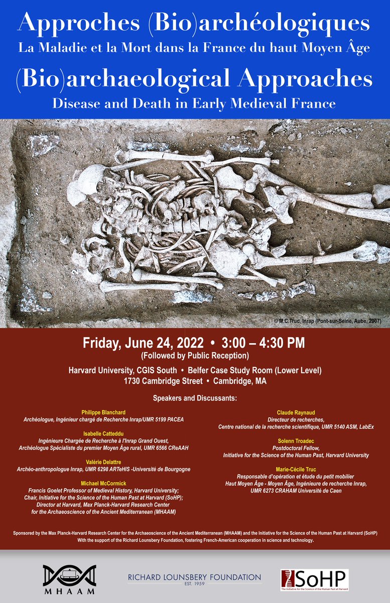 [💬 #Conférence] Approches (bio)archéologiques : la maladie et la mort dans la France du haut Moyen Âge

Par <a href="/vdelattreinrap/">Valérie DELATTRE</a>, <a href="/Blanchard_Inrap/">Ph. Blanchard</a>, Isabelle Catteddu et Marie-Cécile Truc

📍 À <a href="/Harvard/">Harvard University</a>, demain 24/06 à 21 h (heure de Paris), en direct sur Zoom👉inrap.fr/approches-bioa…