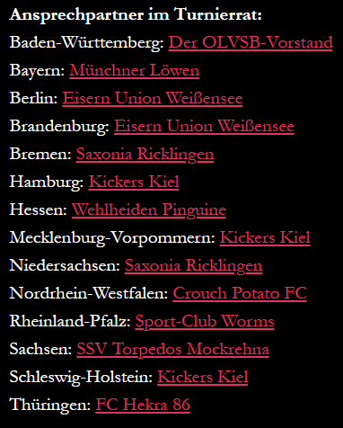 Bei der kommenden Ausgabe vom "Pokal der Pokalsieger" auf @ONLINELIGA_de nehmen bereits die Pokalsieger aus vierzehn (!) Bundesländern teil. Da man da schon recht schnell mal durcheinander kommen kann, findet ihr hier die Liste sämtlicher jeweiligen regionalen Ansprechpartner: