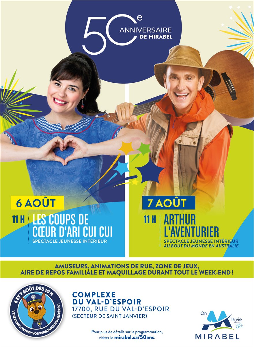 Vos tout-petits seront gâtés les 𝟲 𝗲𝘁 𝟳 𝗮𝗼𝘂̂𝘁 prochain au complexe du Val-d’Espoir grâce aux spectacles jeunesse de nul autre qu’𝗔𝗿𝗶 𝗖𝘂𝗶 𝗖𝘂𝗶 et 𝗔𝗿𝘁𝗵𝘂𝗿 𝗟’𝗮𝘃𝗲𝗻𝘁𝘂𝗿𝗶𝗲𝗿.

Consultez la programmation pour ne rien manquer 👉 mirabel.ca/50ans.