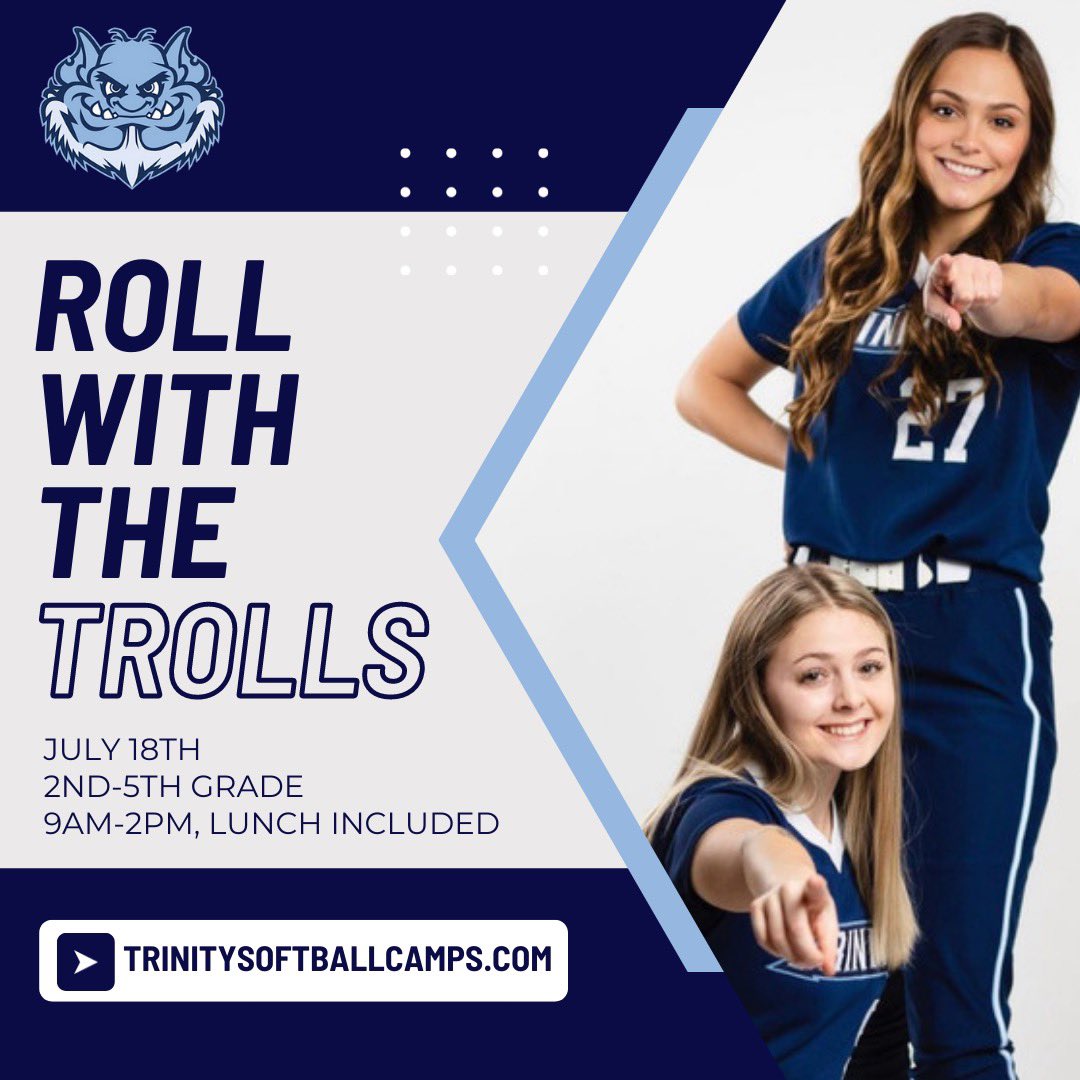 TrollsSoftball's tweet photo. 🗣 YOUTH PLAYERS: Work alongside Trinity’s current student-athletes and coaching staff as they provide individual attention to all phases of the game. Instruction will be provided on all fundaments, for all levels, in a fun and challenging environment. Registration link in bio! https://t.co/WCittBxQOn