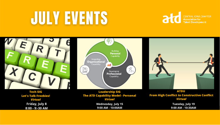 ATDCentralIowa's tweet photo. Grab an ice cold drink to beat the heat and join us for these virtual events! Check out these great ATD Central Iowa events coming up!  https://t.co/McP6hBys1p https://t.co/WlCT27HQAi