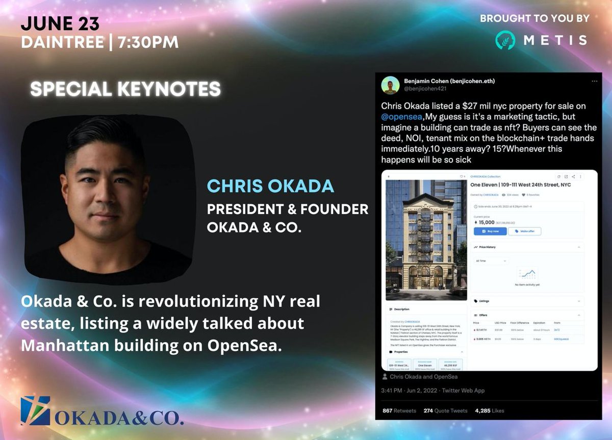 MetisL2's tweet photo. How are we BUIDLING in web3?! Well by selling buildings as NFTs of course ;) 

Hear from @ChrisOkada from @OkadaCompany on how he's shaking up NY real estate by going web3 🗽 https://t.co/y9HA8g6ua5