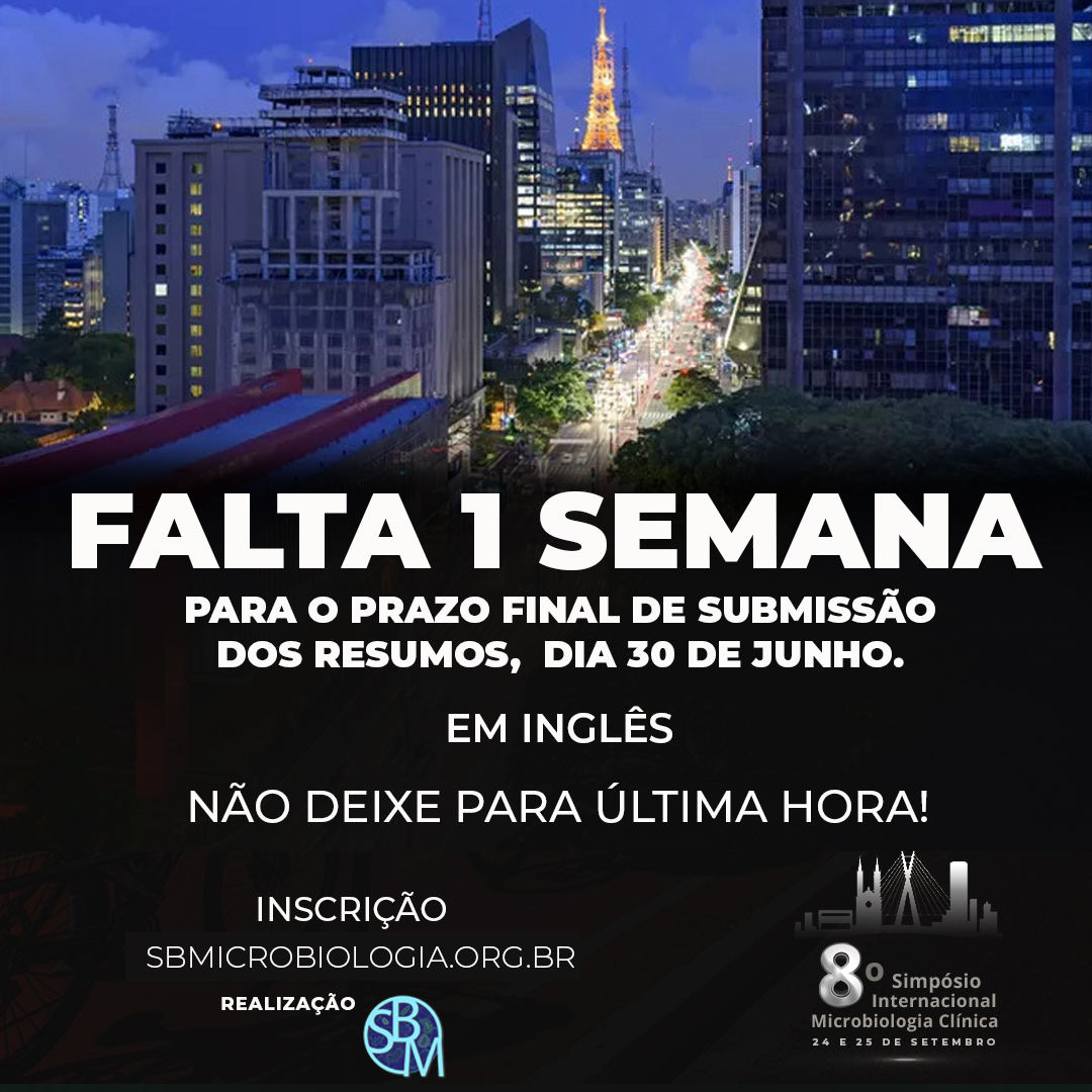 SociedadeSbm's tweet image. ATENÇÃO! FALTA 1 SEMANA PARA O FIM DO PRAZO DE -&amp;gt; Envio dos Resumos, Apresentação dos Pôsteres e Avaliação
O envio de Resumo deverá ser realizado através de sua área restrita, impreterivelmente, até o dia 30/06/2022 em INGLÊS.
Link para submissão:

sbmicrobiologia.org.br/8simc2022/subm…