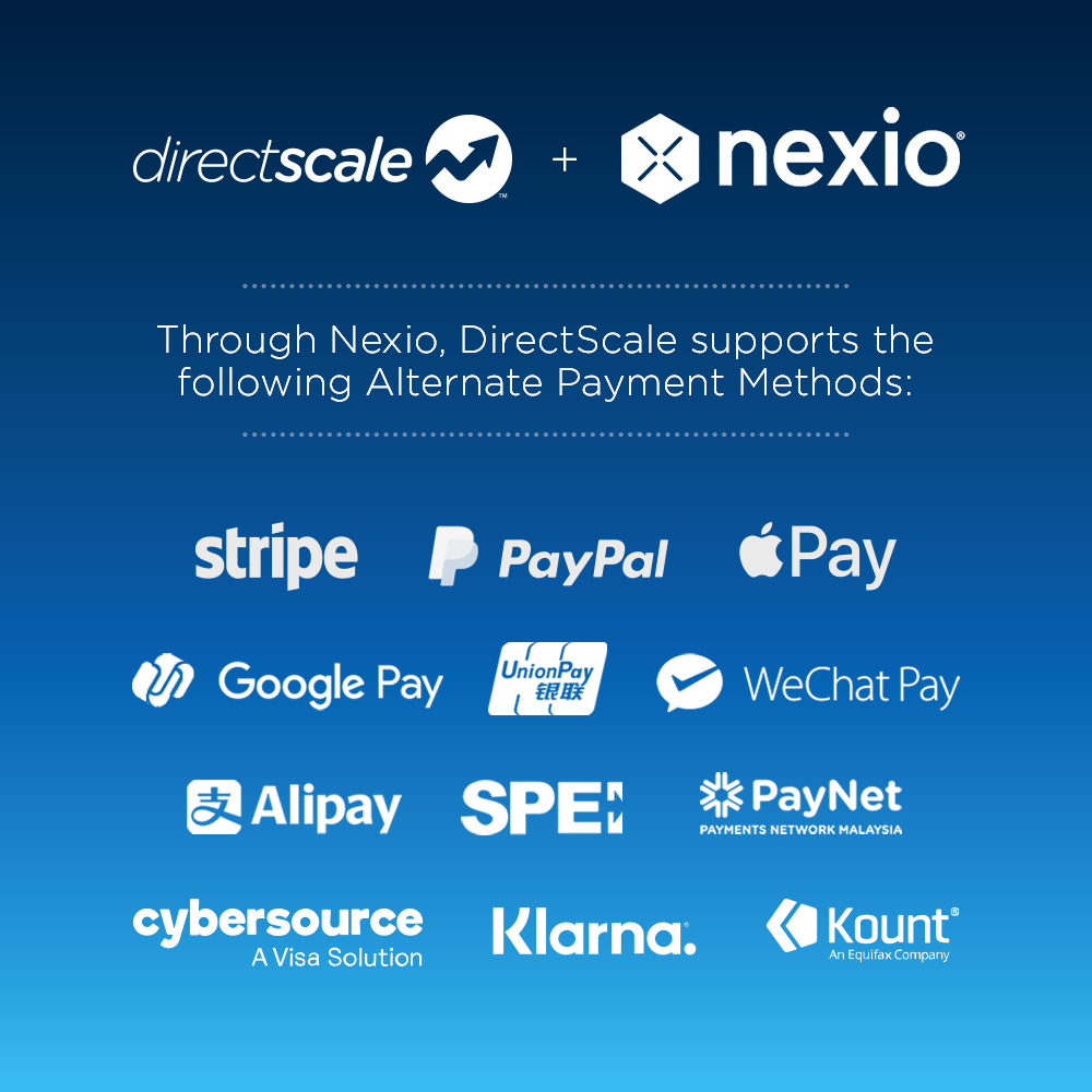 directscale's tweet photo. The Alternate Payment Methods included are;
  PAYPAL
  APPLE PAY [supported Apple devices only]
  SPEI
  PAYNET
  UNION PAY
  WECHAT PAY
  ALIPAY
  KLARNA
  GOOGLE PAY https://t.co/Kgmqe91AxR