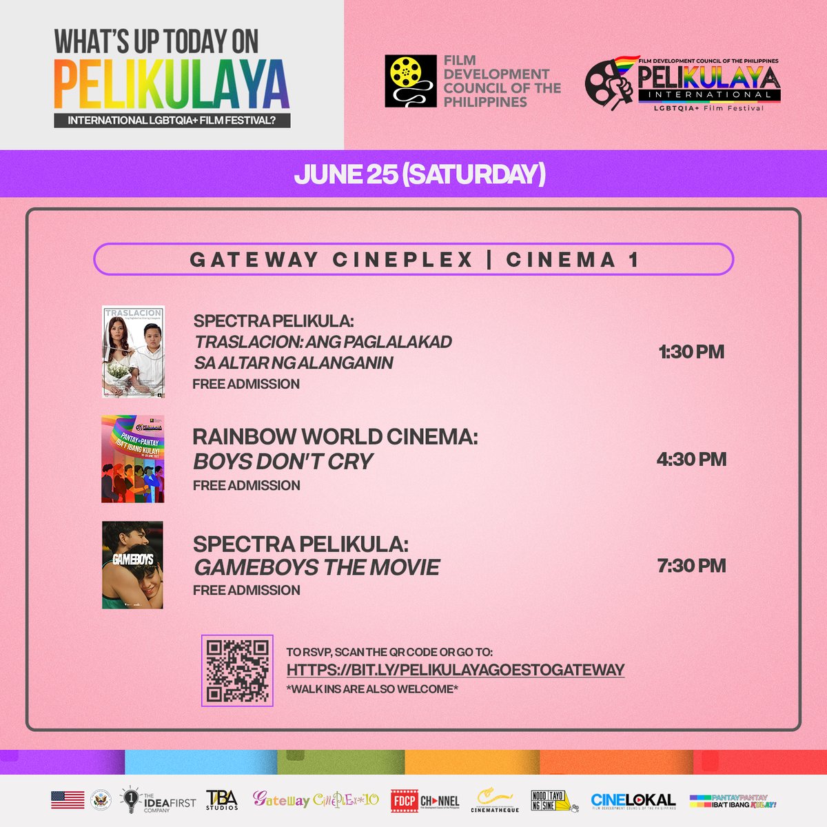 WHAT’S ON #PELIKULAYA2022 TODAY?🤗🌈

Here’s the list of films screening at Cinematheque Centres nationwide and <a href="/gatewaycineplex/">Gateway Cineplex 18</a>  today, June 25. Which film are you interested in?