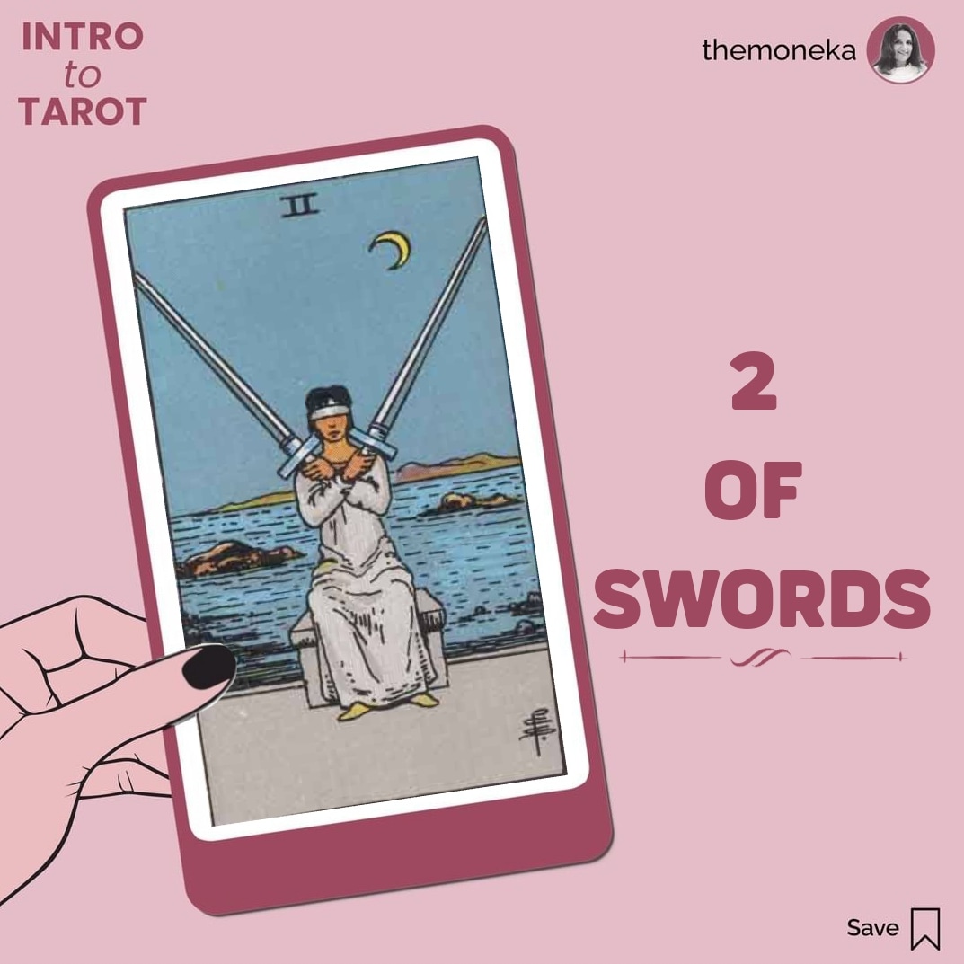 themoneka's tweet photo. Two of swords shows a blindfolded woman with swords in diagonal directions. If you get this card it suggests that you have a difficult decision to make, you are confused as both options seem equally right and wrong. 

#themoneka   #tarot #tarotreading #tarotcards  #thursdayvibes https://t.co/olshSZNwu0
