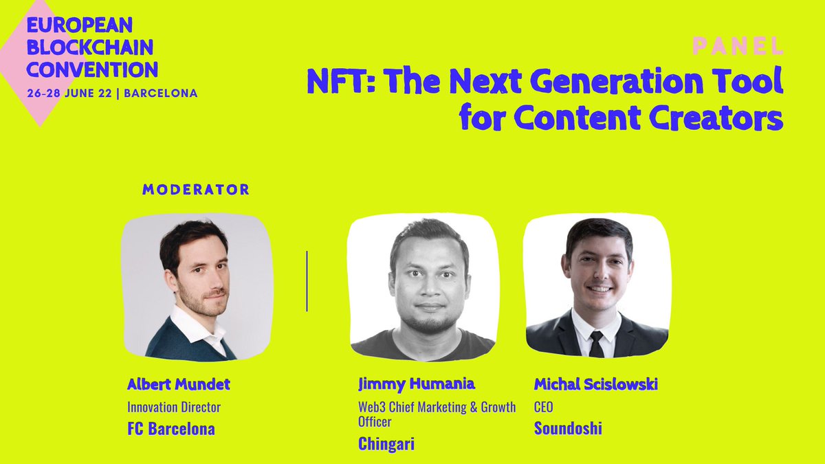 Panelists at 7th <a href="/EBlockchainCon/">European Blockchain Convention</a> will debate how NFTs can be useful tool for the next generation content creators.

📅June 27th
🗺️Builders Stage
⏰15:40h PM CET
🚀Panel: NFT: The Next Generation Tool for Content Creators
🗣️ <a href="/AlbertMundet/">Albert Mundet</a>, <a href="/jimmyhumania/">jimthereaper</a>, <a href="/mikesoundoshi/">Michał Scisłowski</a>

#EBC22🦄