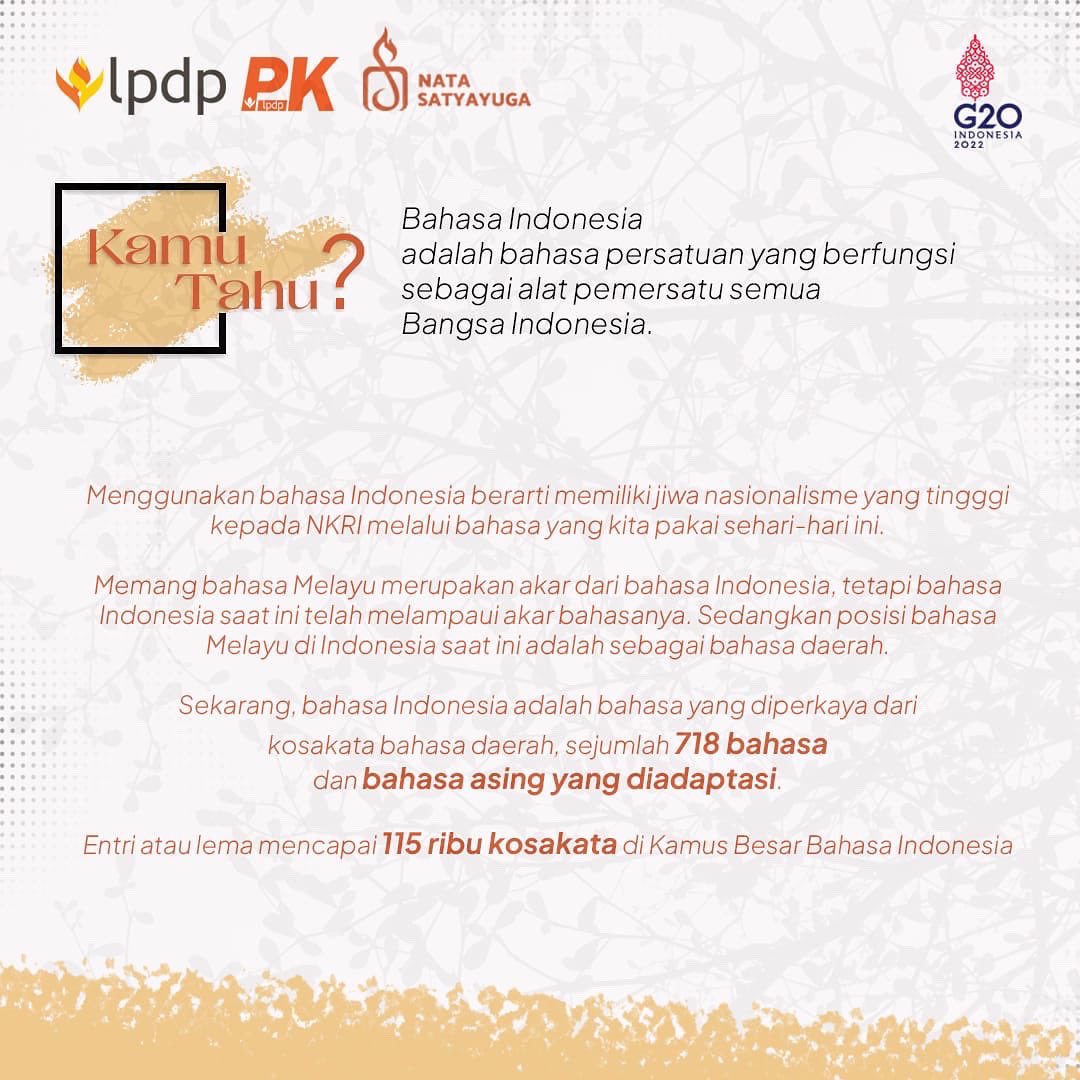JojoButarbutar's tweet photo. Hai Natazens!

Kita patut tahu bahwa Bahasa Indonesia adalah jati diri bangsa kita. Sebagaimana tertuang dalam Ikrar Sumpah Pemuda yang ketiga: Menjunjung bahasa persatuan, Bahasa Indonesia. Jadi dalam mempersatukan saudara sebangsa dan setanah air kita yang tersebar dari https://t.co/aZ7lL6vNND