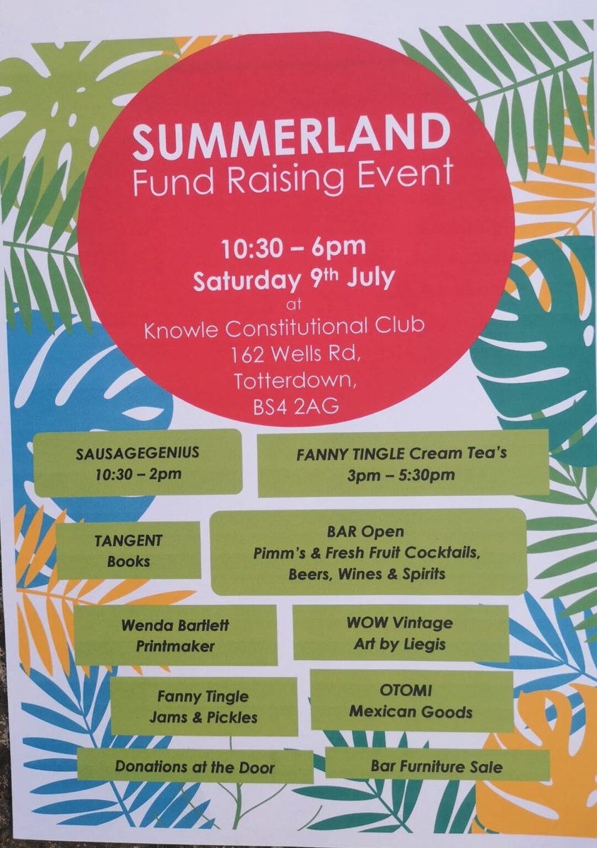 TRESAcic's tweet photo. Summerland fund raising event - looks good!
@Totterdown_ @KnowleConClub @TangentBooks @road_project18 @knowlewester @EdPlowden @silaseton1 https://t.co/KdF3o55Maj