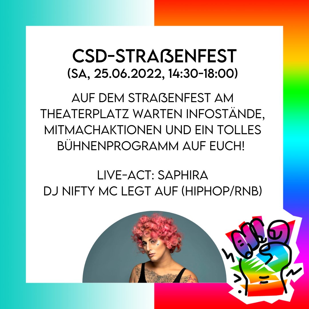 CSD-Demo &amp; -Straßenfest (Sa, 25.06.2022, Weimar)

Gemeinsam mit Dir für #Sichtbarkeit und #Akzeptanz von #Vielfalt! Infos zu #Demo, #Straßenfest und Aftershow-#Party im Thread 👇

#CSDWeimar #CSDWeimar2022 #CSDThüringen #VielfaltInThüringen [1/6]