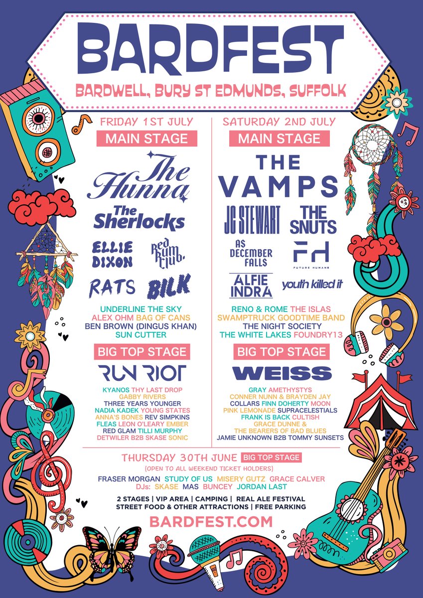 Bardfest day splits are here!! 🎉🤘🍻 We cannot wait to see you in the meadow ☀️@thevampsband @thehunnaband @thesherlocks @jcstewart @elliedixonmusic @thesnuts @BILKBANDPAGE @AsDecemberFalls @RedRumClub @AlfieIndra @thoserats @weissintune Tickets & info at bardfest.com