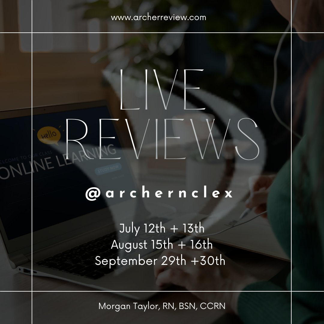 Did you miss the live review last week?? Here are the dates for all of the upcoming reviews this summer!!

Got any questions?? Drop them below! 👇🏻

archerreview.com to register! Prices start at just $139!

#nclexpreparation #nclexprep #nursingschoolprobs #nclexsuccess