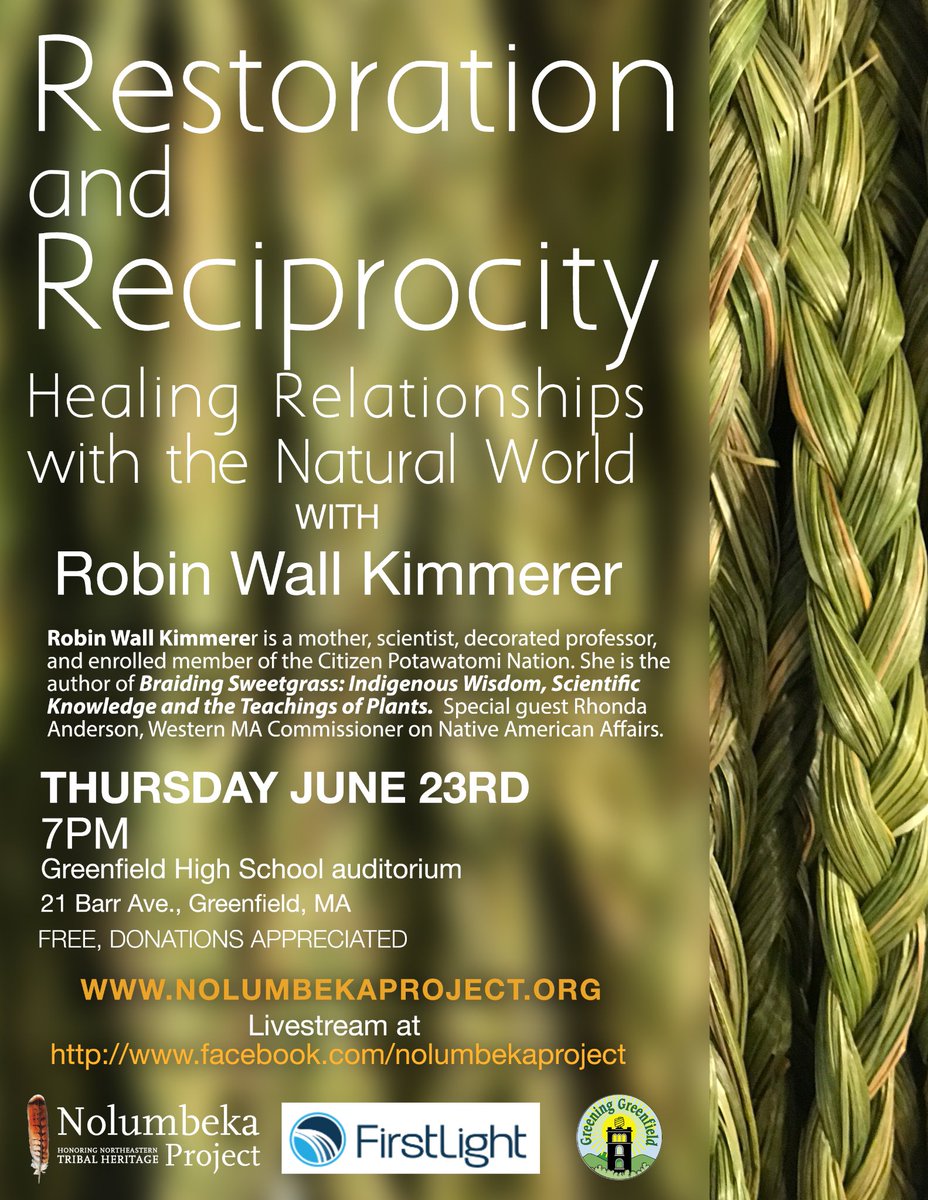Tonight! We are streaming and recording the Nolumbeka Project event featuring author and professor, Robin Wall Kimmerer. Watch on Comcast Channel 15, Facebook, Twitch, and Youtube.  The event starts at 7pm. You can also attend live at the Greenfield High School Auditorium.