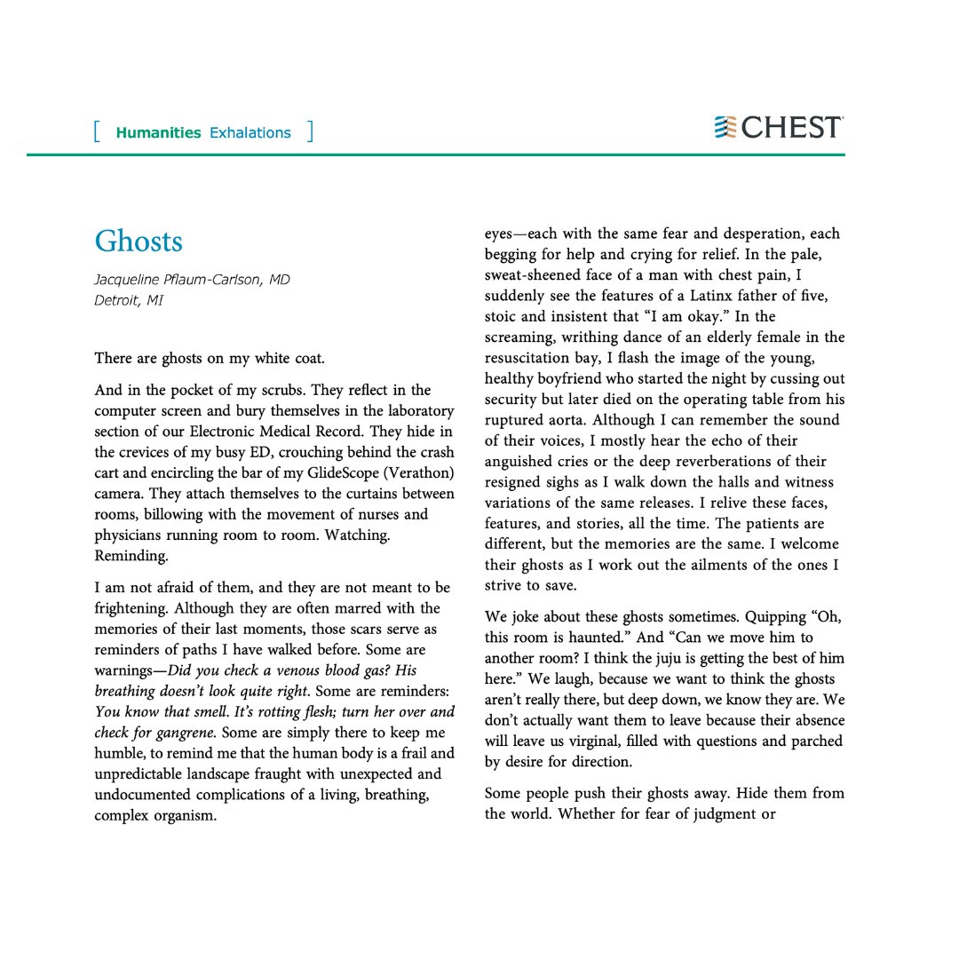 In the #CHESTJournal Exhalations, <a href="/CritCraftingMD/">Jackie Pflaum-Carlson</a> appreciates the ghosts that haunt her with cautionary but welcome reminders of past learning experiences. Read the full article from the June issue of <a href="/journal_CHEST/">CHEST® Journal</a>: hubs.la/Q01dXYg10 #MedTwitter