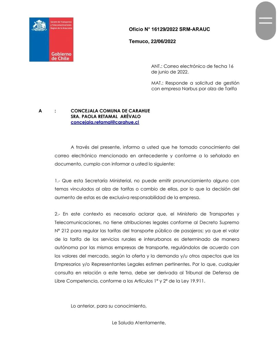 paolaretamal77's tweet photo. Respuesta ante mi reclamo comunitaria por alza pasajes Bar Bus comuna de Carahue. Concejala Paola Retamal Arévalo #alza #pasajes #narbus https://t.co/wAi75gRh9G