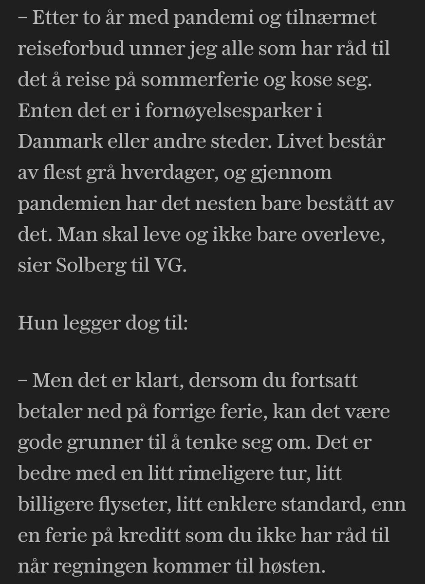 wandavoldner's tweet photo. Det har - med rette - vært mye oppmerksomhet om folkevalgte som sikrer seg selv millionlønn ber folk stramme inn. Men vi overså dette:
1. Hun unner folk som har råd til det ferie
(De fattige kan plukke sneiper elns)
2. De fattige er fattige fordi de kjøpte for dyr ferie i fjor. https://t.co/z8tIUTJEla