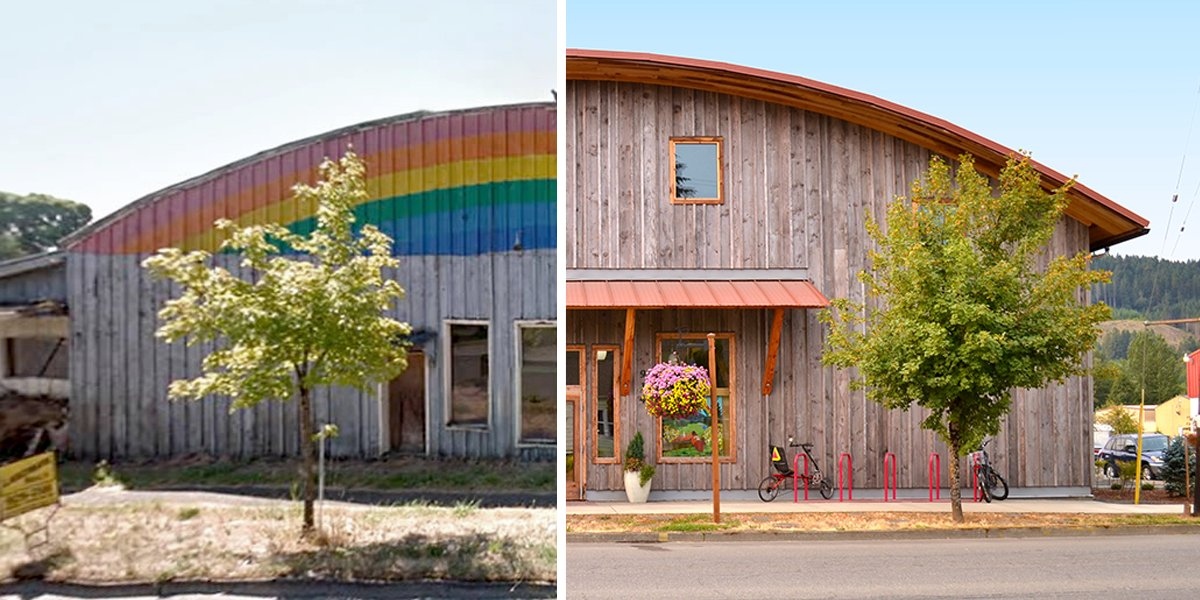 softstarshoes's tweet photo. Do any of our followers remember the original "rainbow building" in Philomath, Oregon? This iconic building was a former roller rink in the 1970s before it closed and became a flea market. Now, after a full makeover, it hosts our beautiful workshop and showroom! #throwbackthu... https://t.co/mDgSkv6IZH