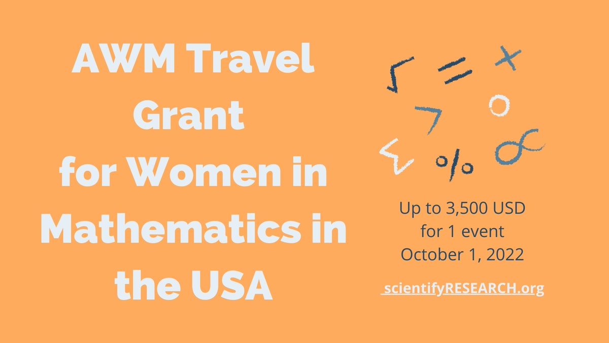 #TravelGrant for #Women in #Mathematics in the #USA from <a href="/AWMmath/">AssocForWomenInMath</a>! 

Funding: Up to 3,500 USD for 1 event  

Apply by: October 1, 2022 

awm-math.org/awards/awm-gra… 

Pls RT: <a href="/TheSIAMNews/">SIAM</a> <a href="/mathmoves/">SLMath (MSRI)</a> <a href="/istemcare/">iSTEMCare</a> 

#ResearchFunding  #WomenInResearch