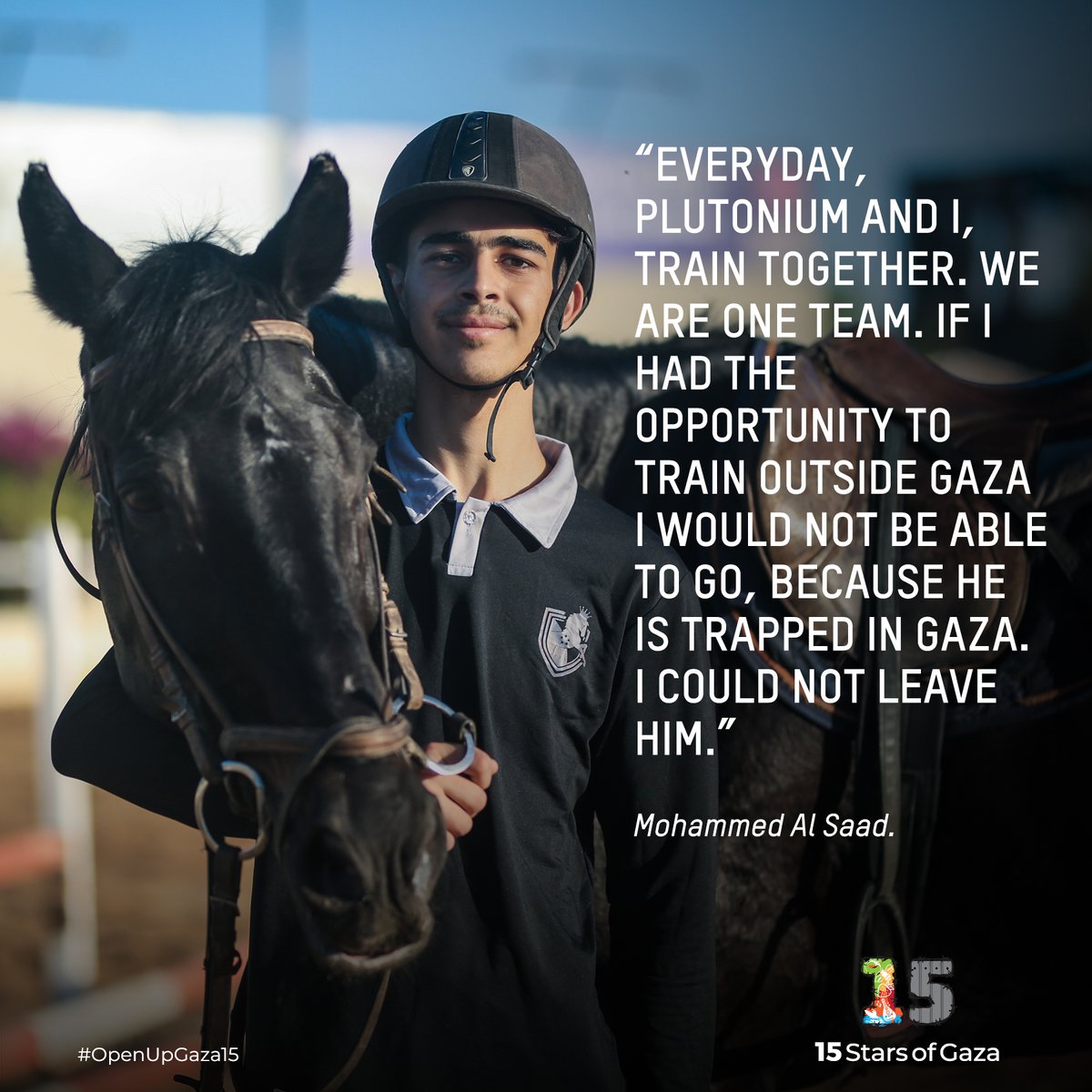 oxfampalestine's tweet photo. Mohammad has been practising since he was seven years old. Over the past five years, he has trained with his horse, Plutonium, on a nearly daily basis. Even during COVID restrictions and under the shelling, his main concern was Plutonium’s wellbeing. #openupgaza15 #horseriding https://t.co/q5DplUf3Fa