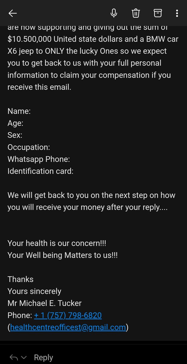 SHYAM_vs_shyam's tweet photo. Thank you  Mr. Michael E. Tucker from @BMW &amp; @WHO for this overwhelming gesture and asking for my health of Corona Virus 

But why, you using public domain to send this email?

#QuestionYourself #Phishing #cybercrime #cybersecurity https://t.co/f2kKNZr8Ge