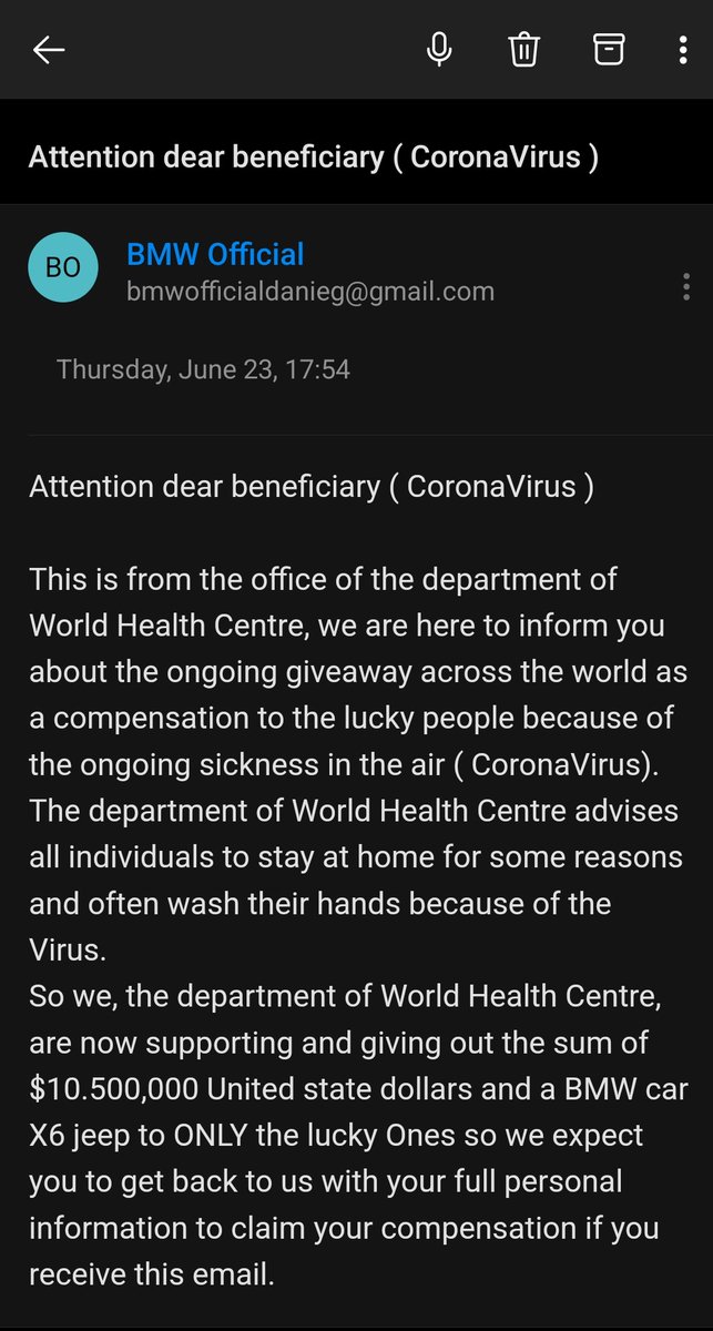 SHYAM_vs_shyam's tweet photo. Thank you  Mr. Michael E. Tucker from @BMW &amp; @WHO for this overwhelming gesture and asking for my health of Corona Virus 

But why, you using public domain to send this email?

#QuestionYourself #Phishing #cybercrime #cybersecurity https://t.co/f2kKNZr8Ge