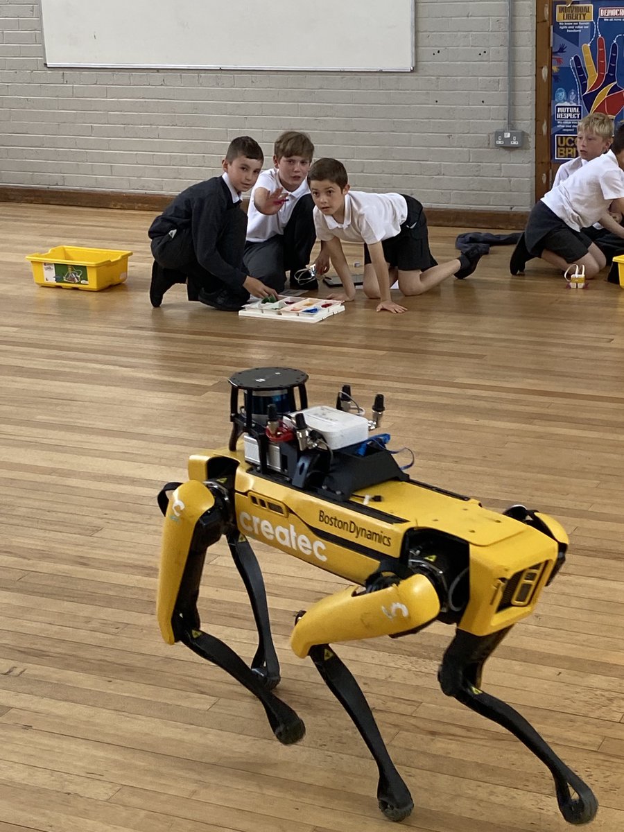 Robot dog Spot welcomes ⁦<a href="/StanwixSchool/">Stanwix School</a>⁩ for inspirational STEM activities as we plan a Primary Techical College in Cumbria to support pupils &amp; teachers. ⁦<a href="/WestLakesAcad/">West Lakes Academy</a>⁩ ⁦<a href="/REACTFoundation/">The REACT Foundation</a>⁩ ⁦<a href="/STEMLearningUK/">STEM Learning</a>⁩ ⁦<a href="/SlpCumbria/">SLP Cumbria</a>⁩ ⁦<a href="/CreatecCumbria/">Createc</a>⁩