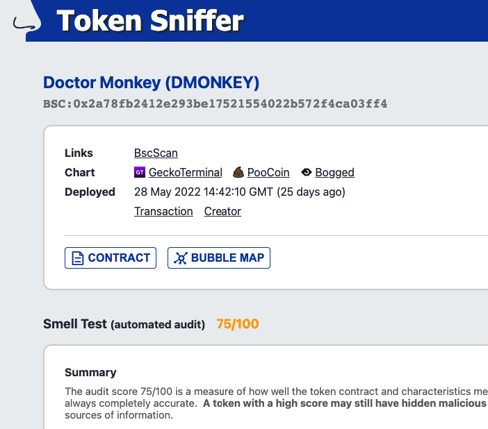 Second improvement: Token Sniffer score increased from 70/100 to 75/100 now

$DMONKEY to the moon 🚀

#DoctorMonkey #DMONKEY #BSC #charity