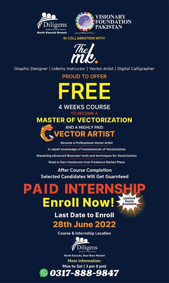 MrGulKhan3's tweet photo. Visionary Foundation Pakistan in Collaboration with Diligens Academy North Karachi Branch & @TheMK offer free
4 Weeks Course to become "Master Of Vectorization"
With PAID Internship.
For Information Call
0317-888-9847
#VFP #TheMK #Diligens
@PHJK_Team @iamalijoyo @khalidkoree https://t.co/lw3yzKe312