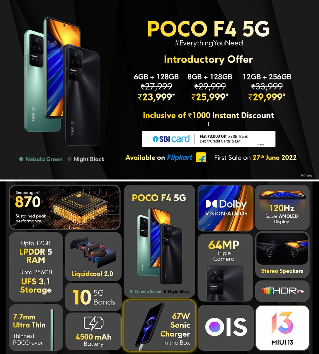 TechnoAnkit1's tweet photo. POCO F4 5G

6.67"FHD+ 120Hz E4 AMOLED
360Hz(TS)
HDR10+
DolbyVision
GG5
SD 870
64MP OIS+8+2MP
20MP
4500mAh
67W
Android 12(MIUI 13)
Side Mounted F-S
LPDDR5,UFS3.1,WiFi 6,NFC,BT5.2
X-axis Motor
Dual Speaker(DolbyAtmos)
Hi-Res Audio
IR Blaster
10 5G Bands
3112mm²VC Cooling
7.7mm
195g https://t.co/1xNIDKJHbP