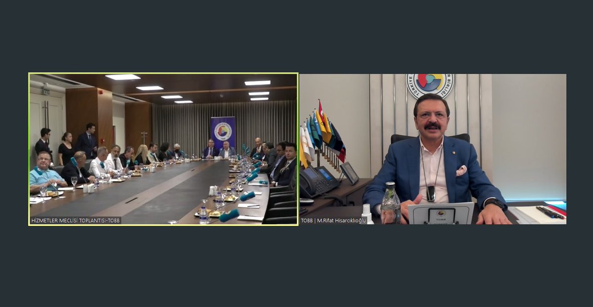 RHisarciklioglu's tweet photo. TOBB Türkiye Hizmetler Meclisi’nin toplantısına video konferans yöntemiyle katıldım. 
Ülkemiz ekonomisine önemli katkılar sağlayan sektörün sıkıntı ve taleplerini değerlendirdik.
Meclis Başkanı @bozdaghu ve Meclis üyelerini çalışmalarından dolayı tebrik eder, başarılar dilerim. https://t.co/n3655rMkHs
