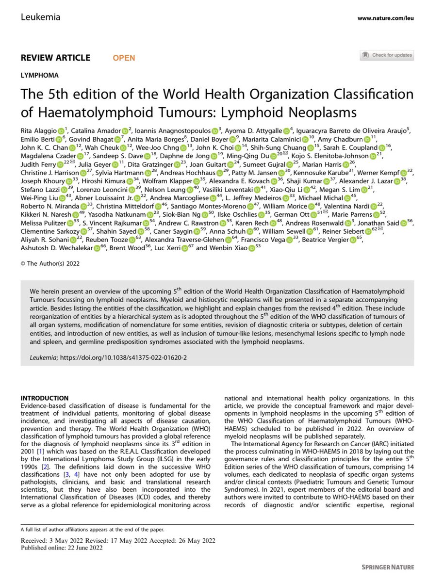 Vincent Rajkumar (@vincentrk) on Twitter photo Preview of the upcoming 5th edition of the World Health Organization Classification of Hematologic Cancers (WHO Blue Book) is now published in <a href="/LeukemiaJnl/">Leukemia Journal</a> as two papers. Check it out. #MedTwitter
1/ Lymphoid/Plasma cell neoplasms Open Access link: nature.com/articles/s4137… Preview of the upcoming 5th edition of the World Health Organization Classification of Hematologic Cancers (WHO Blue Book) is now published in <a href="/LeukemiaJnl/">Leukemia Journal</a> as two papers. Check it out. #MedTwitter
1/ Lymphoid/Plasma cell neoplasms Open Access link: nature.com/articles/s4137…