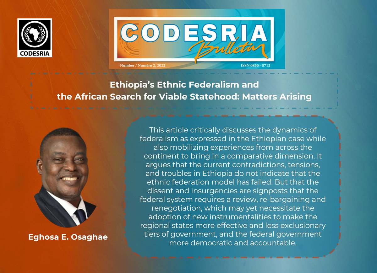 CODESRIA's tweet photo. 🔴Read these two articles on the #Ethiopian crisis.
The Unresolved Question of Identity in Ethiopia by Bahru #Zewde
👉https://t.co/XhkkRLfm57
Ethiopia’s Ethnic Federalism and the African Search for Viable Statehood: Matters Arising by @osaghae_e
👉https://t.co/Ma9pGk6EMC
#RT https://t.co/fTHvPufBMn