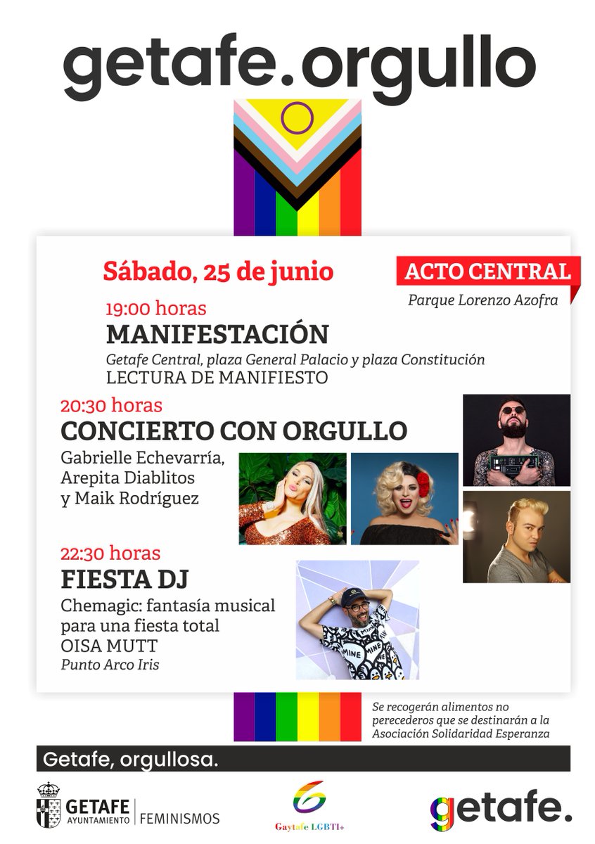 aytogetafe's tweet photo. Recuerda, el sábado a las 19:00 horas manifestación #GetafeOrgullo🏳️🌈 con salida en Getafe Central, hasta plaza General Palacio y llegada a la plaza de la Constitución.
Después, Concierto con Orgullo y Fiesta DJ.
@IgualdadGetafe @GaytafeLGBTI https://t.co/8XPMI5L0dm