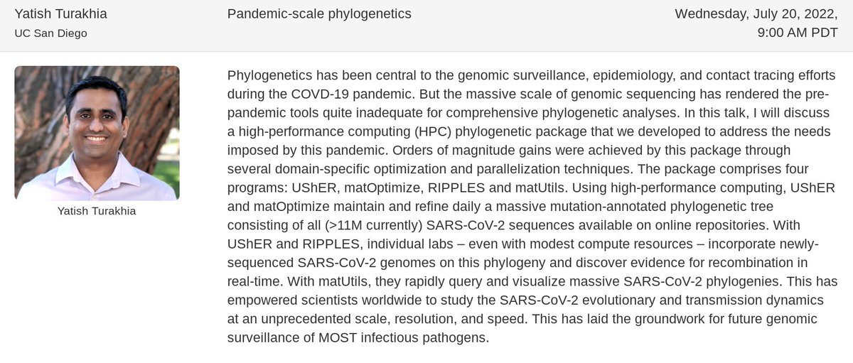 phyloseminar's tweet photo. .@yatishturakhia will be giving the next talk Wednesday, July 20, 9:00 AM PDT on "Pandemic-scale phylogenetics", highlighting software packages UShER, matOptimize, RIPPLES and matUtils. https://t.co/DBaVqqhgOf
