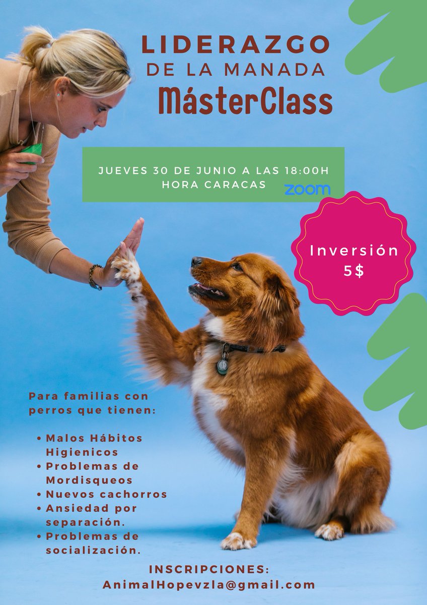 AnimalHope_Ve's tweet photo. Nueva #MASTERCLASS Liderazgo de La Manada 🐕 Aprende a ser el Líder que necesita tu mascota! 

La cita es el jueves 30 de junio, podrás conectarte desde cualquier parte del mundo 🌍 

Inscripciones en @AnimalHope_Ve o al correo Animalhopevzla@gmail.com #adiestramientocanino https://t.co/P5yftbH6cz
