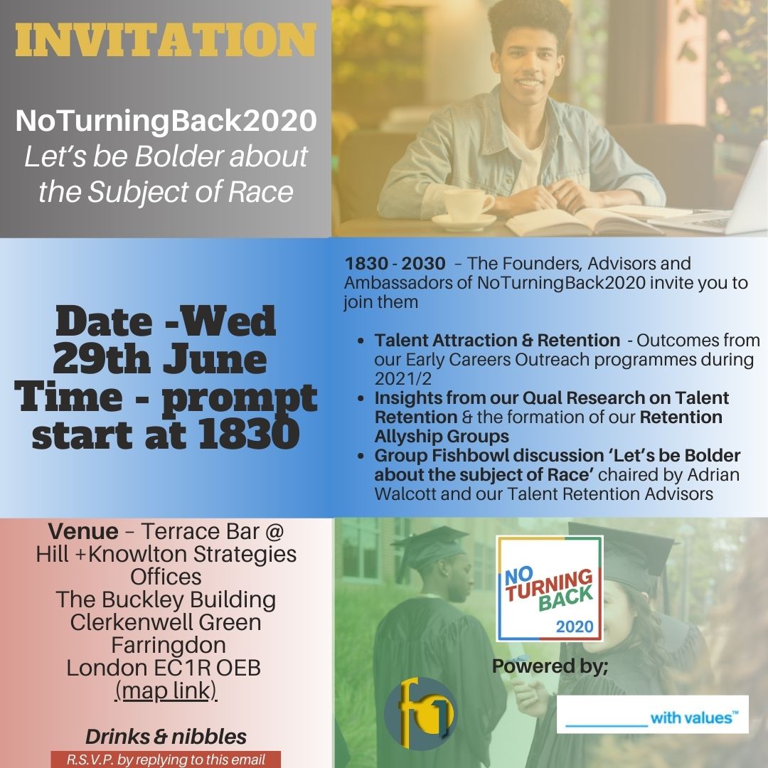 Lets be bolder about the subject of race!#noturningback2020 invites you to our Summer event on Wed 29th June@630pm in ow.ly/JKen50JFBQ4 the NTB2020 Advisors&Ambassadors to discuss #EDI.For details&to register visit;ow.ly/iWJr50JFBQ7 #f1recruitment #brandswithvalues